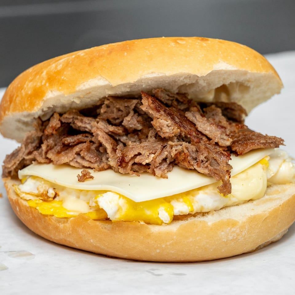 A breakfast sandwich with thinly sliced steak, melted cheese, and fried eggs on a toasted bun.