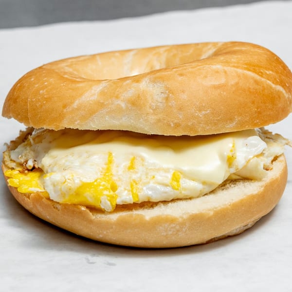A close-up of a bagel sandwich filled with fluffy scrambled eggs and melted cheese.